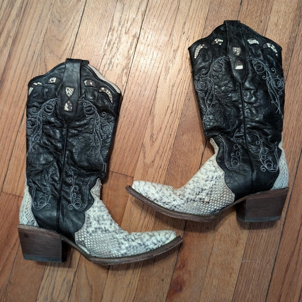JB Dillon Womens 7.5 B Black Snakeskin Western Cowboy Boots Pointed Toe